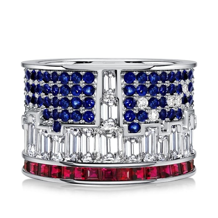 Italo New York Skyline Ruby & Blue Sapphire Wedding band For Women