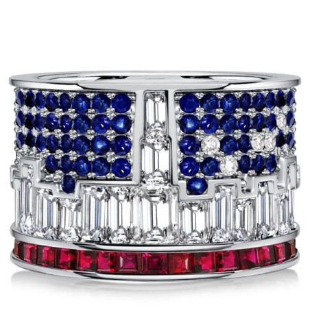Italo New York Skyline Ruby & Blue Sapphire Wedding band For Women