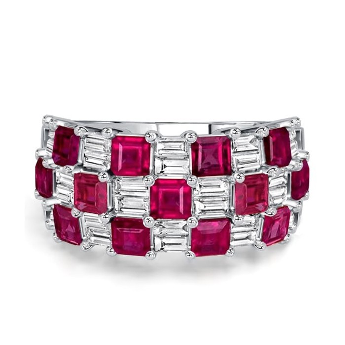 Italo Triple Row Shared Prong Baguette & Asscher Cut Ruby Band Ring
