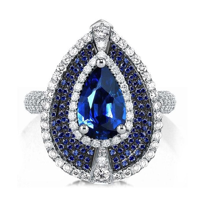 Italo Unique Multi Halo Blue Pear Cut Engagement Ring