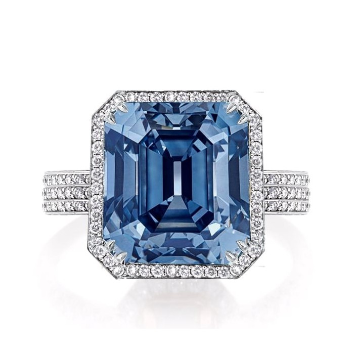 Italo Blue Topaz Ring Halo Emerald Cut Engagement Ring