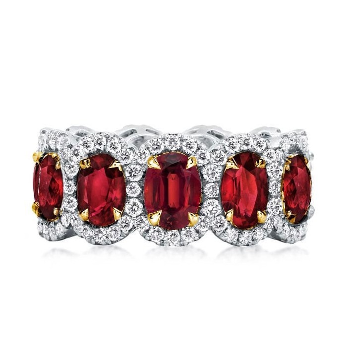 Halo Oval Created Garnet Eternity Wedding Band