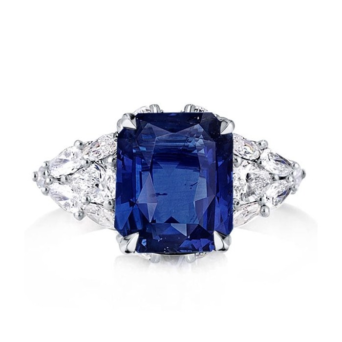 Italo Blue Sapphire Ring 3 Stone Ring Radiant Cut Engagement Ring