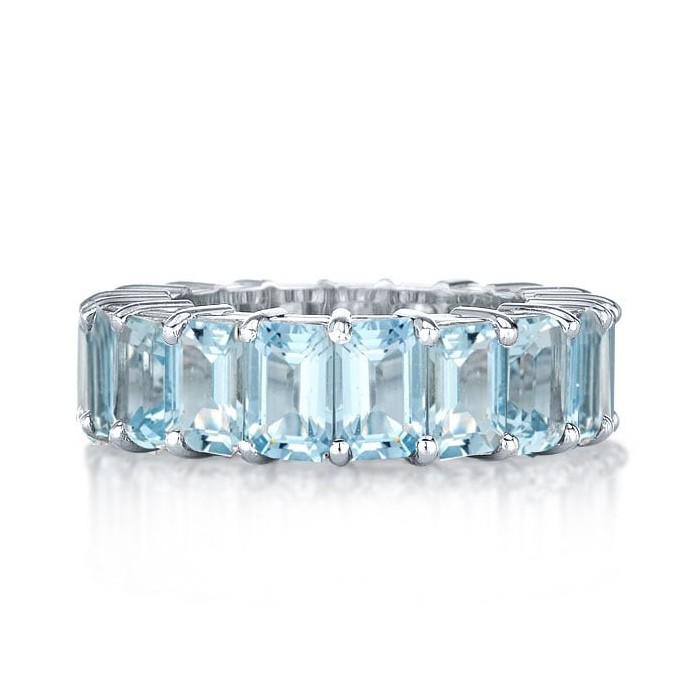 Emerald Cut Eternity Band For Women Aquamarine RIng