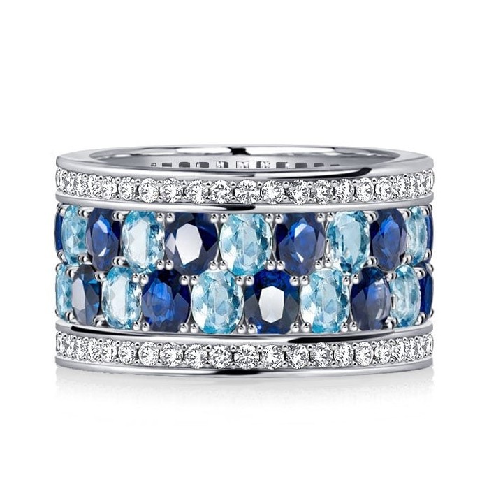 Italo Oval Cut Blue Multi Row Wedding Band Aquamarine Ring