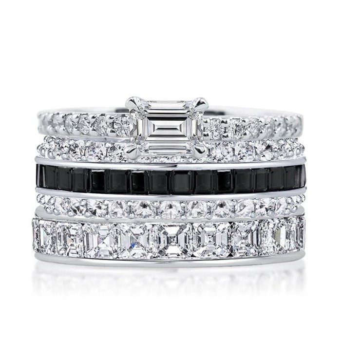Italo Emerald & Asscher & Baguette Black Stackable Band Set