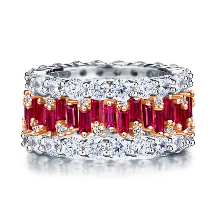 Two Tone Round & Baguette Eternity Ruby Stackable Band Set