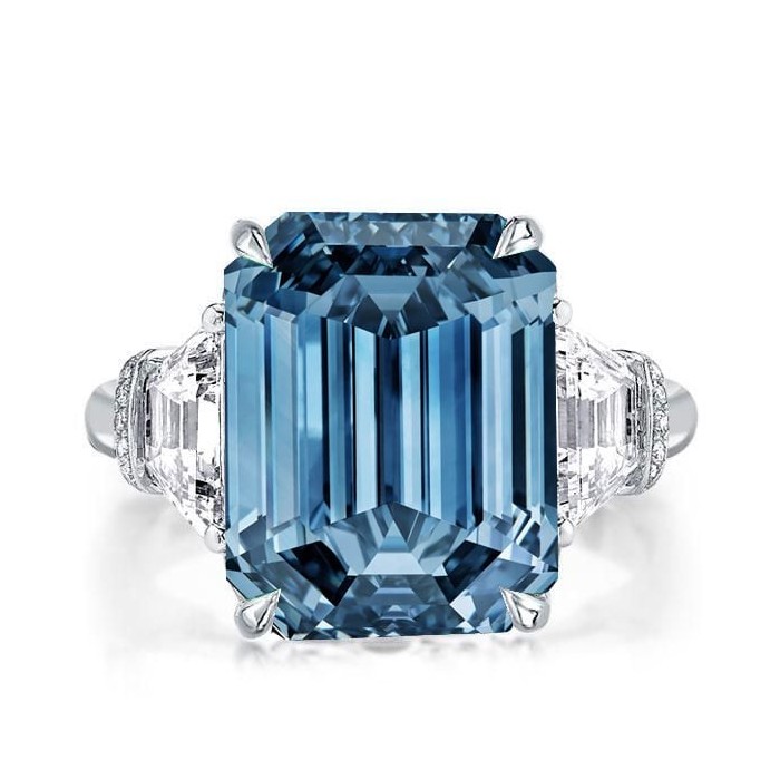 Italo Blue Topaz Emerald Cut Ring Three Stone Engagement Ring