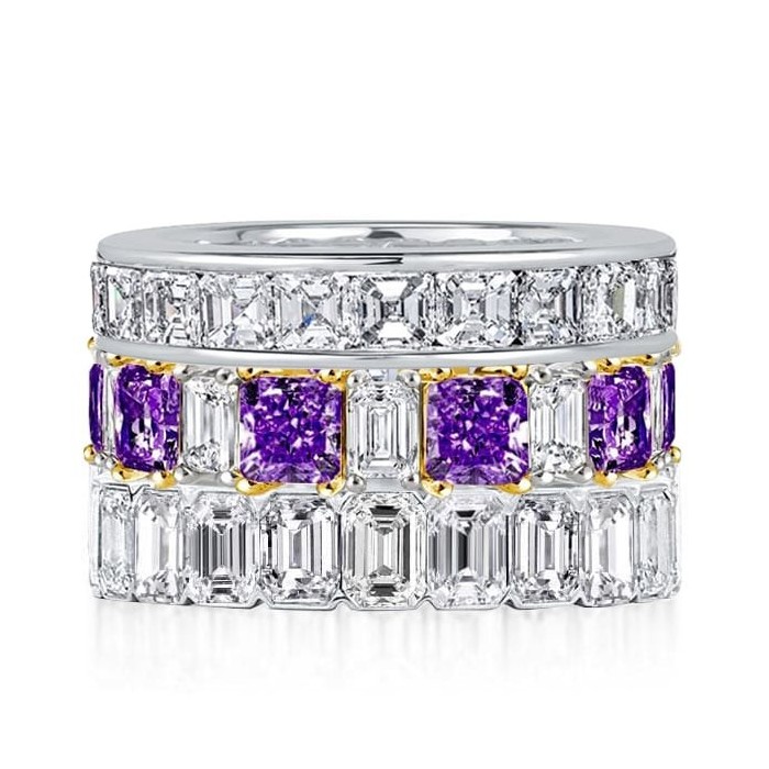 Italo Emerald & Asscher & Princess Cut Amethyst Stackable Band Set