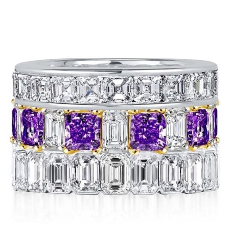 Italo Emerald & Asscher & Princess Cut Amethyst Stackable Band Set