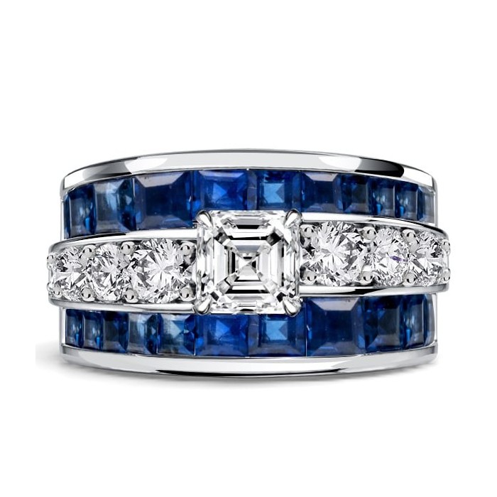 Italo Scalloped Edge Asscher Cut Blue Sapphire Vintage Engagement Ring For Women