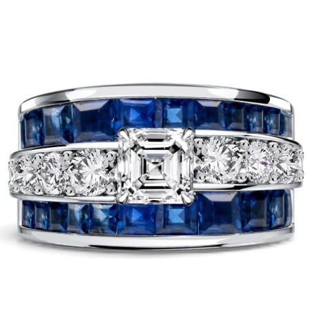 Italo Scalloped Edge Asscher Cut Blue Sapphire Vintage Engagement Ring For Women