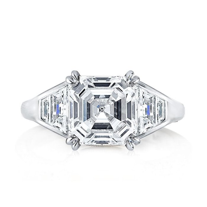 Three Stone Asscher Cut Engagement Ring In Sterling Silver