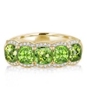 Golden Five Stone Halo Cushion Cut Created Peridot Wedding Band