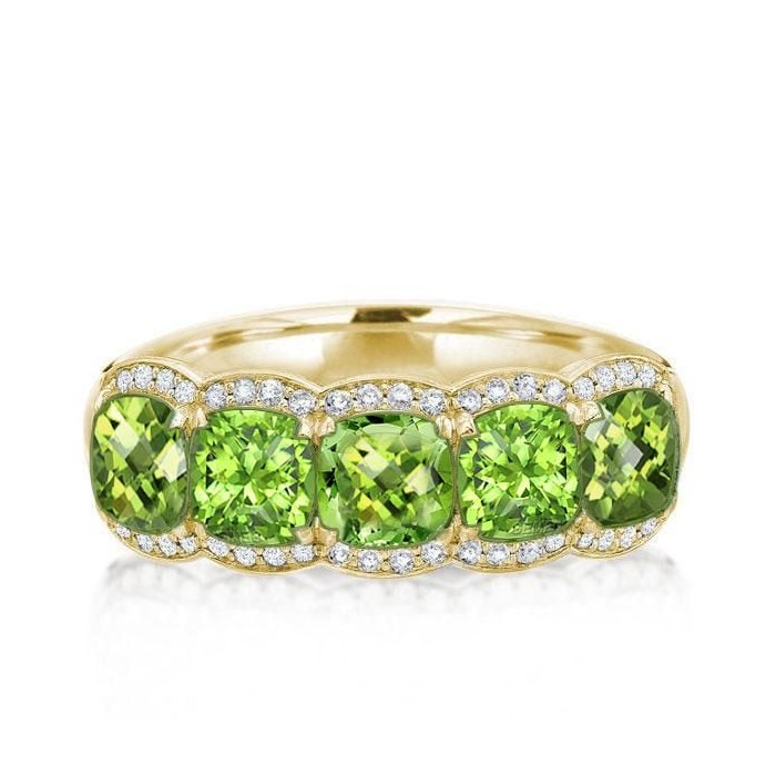 Golden Five Stone Halo Cushion Cut Created Peridot Wedding Band
