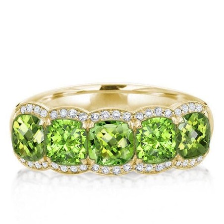 Golden Five Stone Halo Cushion Cut Created Peridot Wedding Band
