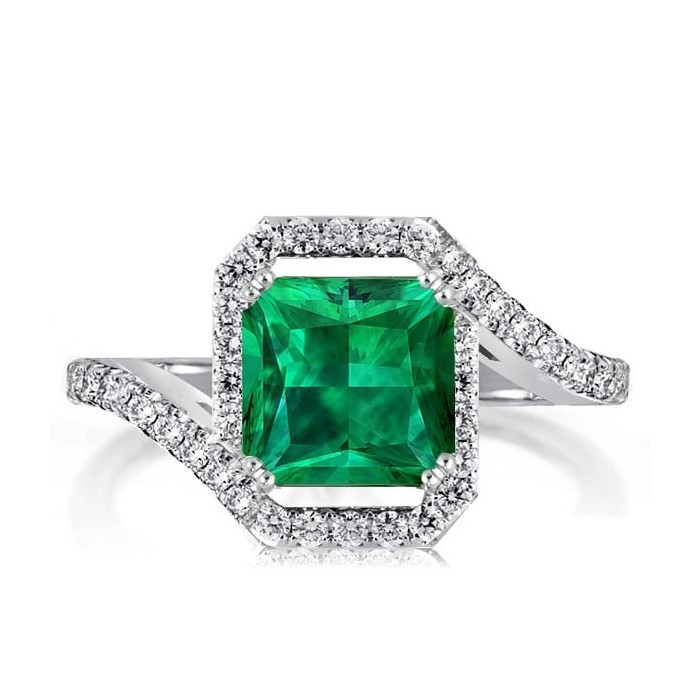 Halo Bypass Princess Cut Emerald Engagement Ring