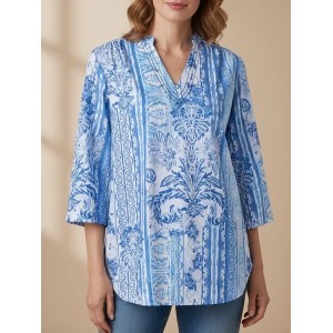 JFN V Neck Tribal Vacation 3/4 Sleeve Boho Blouse