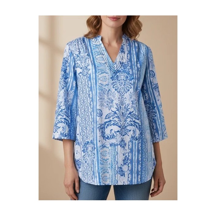 JFN V Neck Tribal Vacation 3/4 Sleeve Boho Blouse