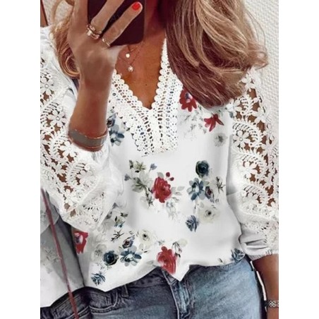 Women Floral Print Lace Patchwork Long Sleeve V Neck Holiday Blouse
