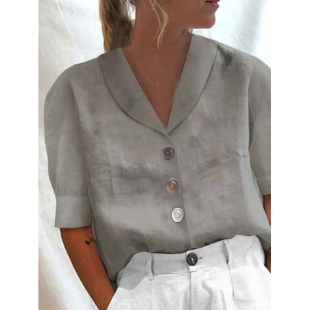 JFN Cotton Loose Shawl Collar Buttoned Short Sleeve Blouse