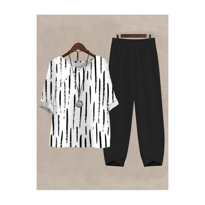 Women's Geometric Daily Going Out Two Piece Set Half Sleeve Casual Summer Top With Pants Matching Set