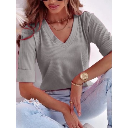 Women's Half Sleeve T-shirt Summer Plain Ribbed V Neck Going Out Casual Top Deep Pink