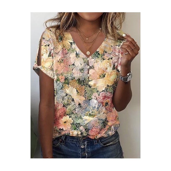 Casual Floral Cotton V Neck T-Shirt