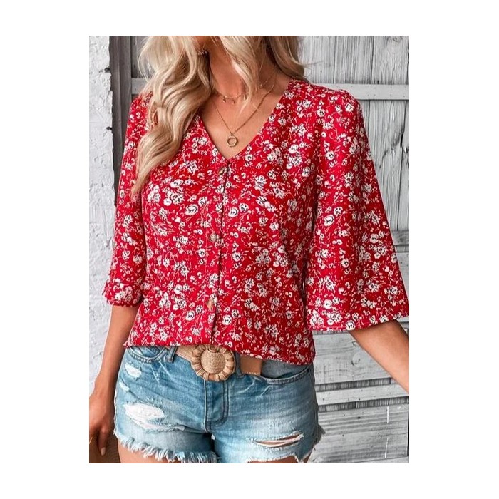 Women Floral Three Quarter Sleeve Blouse Spring/Fall V Neck Bell Sleeve Daily Casual Top