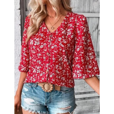 Women Floral Three Quarter Sleeve Blouse Spring/Fall V Neck Bell Sleeve Daily Casual Top