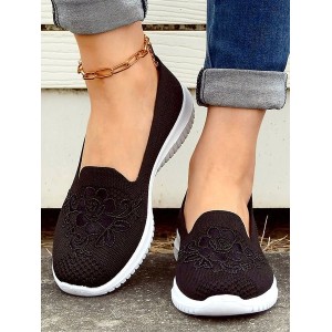 Floral Embroidery Breathable Flyknit Slip On Sneakers