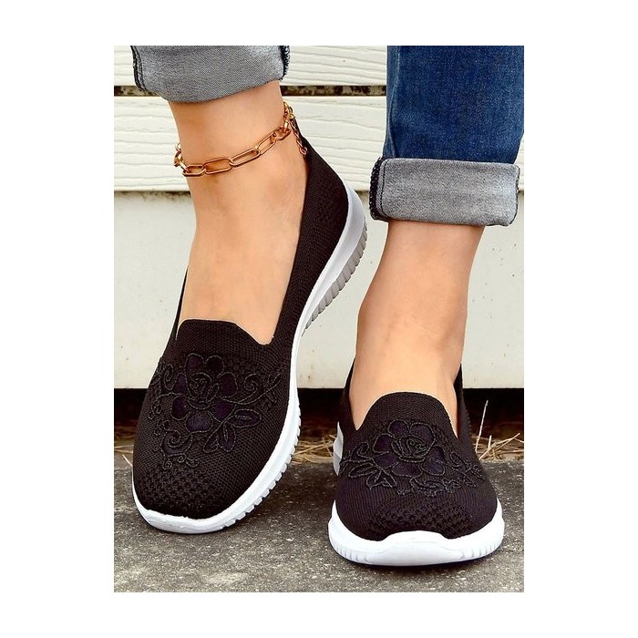 Floral Embroidery Breathable Flyknit Slip On Sneakers