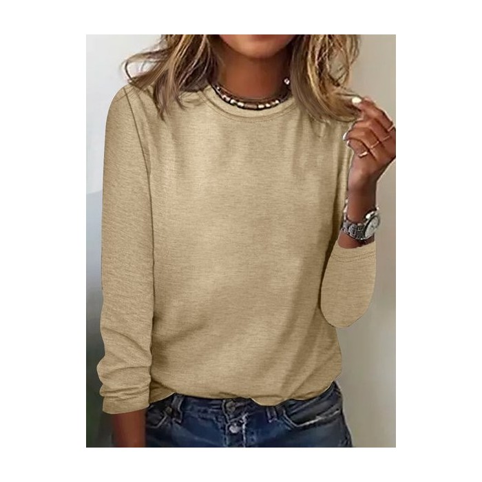 Women's Long Sleeve Blouse Spring/Fall Plain Cotton-Blend Crew Neck Daily Going Out Simple Top