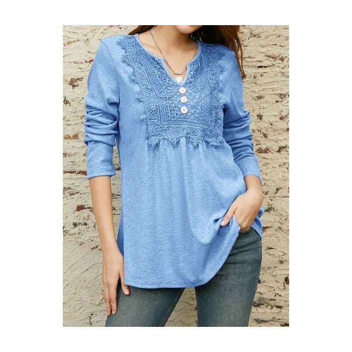 Lace Notched Casual Loose Ruched Blouse