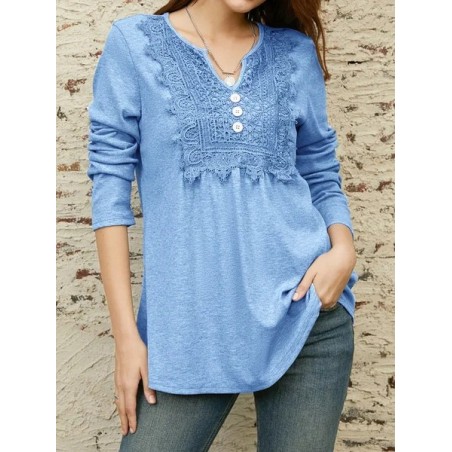 Lace Notched Casual Loose Ruched Blouse