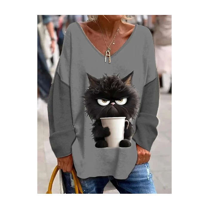 Cat Knitted V Neck Casual Blouse