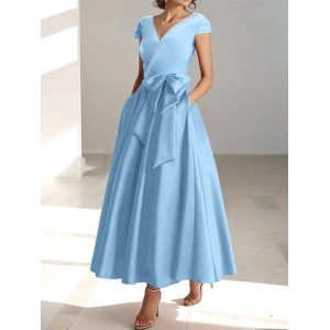 Women's Summer V Neck Light Blue Long Wedding Guest Formal Dress With Bow