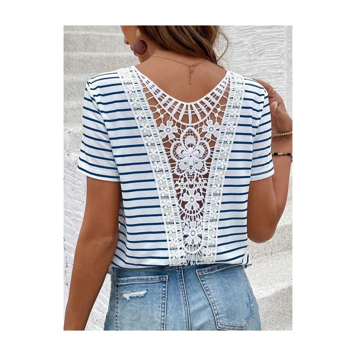 Women's Short Sleeve Tee Summer Striped Lace Hollow out V Neck Going Out Elegant Top White Red
