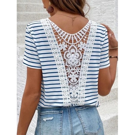 Women's Short Sleeve Tee Summer Striped Lace Hollow out V Neck Going Out Elegant Top White Red