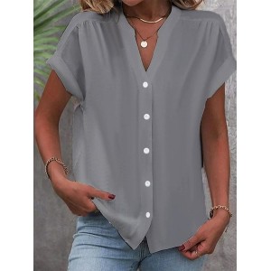 Women's Short Sleeve Shirt Summer Plain Stand Collar Daily Going Out Casual Top