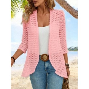 Women's 3/4 Sleeve Plain Jacquard Vacation Loose Cardigan / Kimono