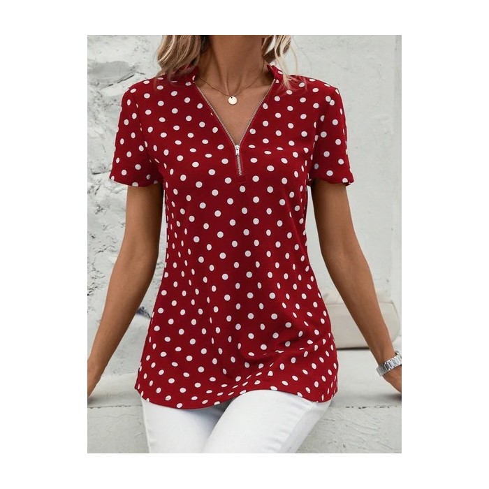 Women's Short Sleeve Blouse Summer Dark Blue Polka Dots Zipper V Neck Going Out Top