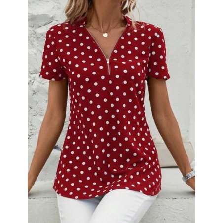 Women's Short Sleeve Blouse Summer Dark Blue Polka Dots Zipper V Neck Going Out Top