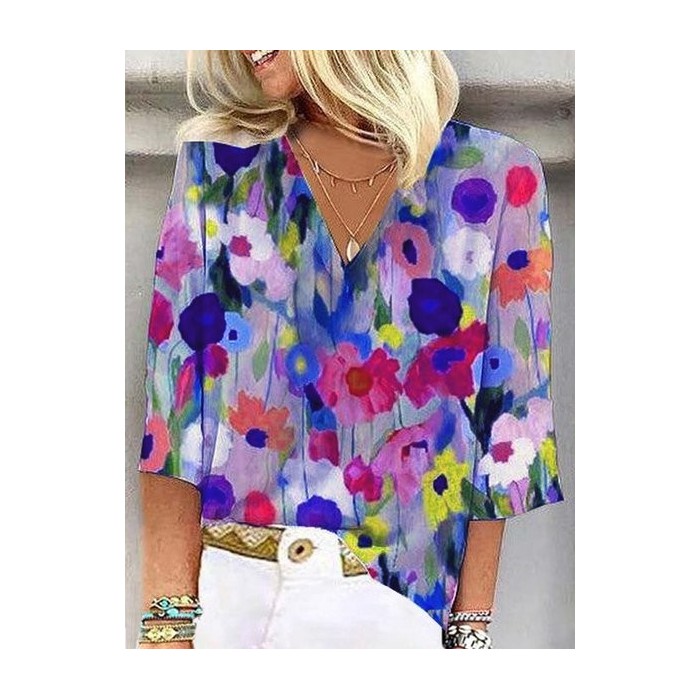 Women's 3/4 Sleeve Blouse Summer Abstract Floral Colorful V Neck Daily Going Out Casual Top
