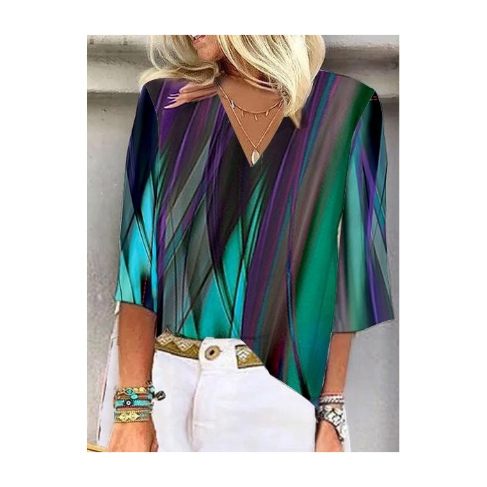 Women's Half Sleeve Blouse Summer Gradient Pattern V Neck Daily Going Out Casual Top Deep Blue