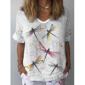 Women's Short Sleeve Blouse Summer Dragonfly V Neck Daily Going Out Casual Top Apricot