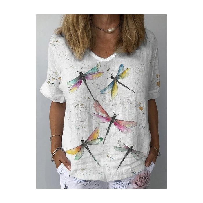 Women's Short Sleeve Blouse Summer Dragonfly V Neck Daily Going Out Casual Top Apricot