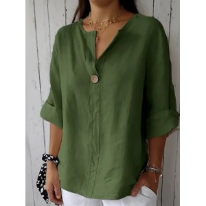 Women's Three Quarter Sleeve Blouse Spring/Fall Plain Buttoned Cotton V Neck Daily Going Out Casual Top