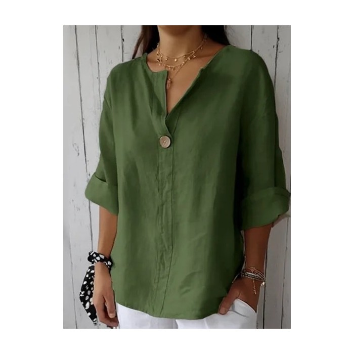 Women's Three Quarter Sleeve Blouse Spring/Fall Plain Buttoned Cotton V Neck Daily Going Out Casual Top