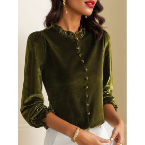 Women's Long Sleeve Blouse Spring/Fall Plain Buckle Velvet Lotus Leaf Collar Daily Going Out Casual Top